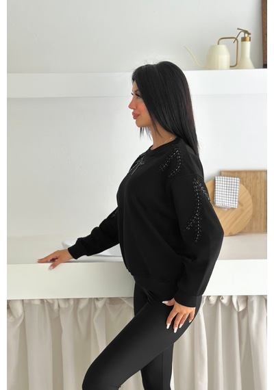 Femelle Siyah Boncuk Ve Pul İşlemeli %100 Pamuk Sweatshirt - Svt14
