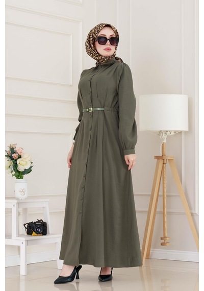 Sevitli Kemerli Tensel Elbise-haki-5039 Haki