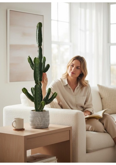 Yapay Kaktüs Euphorbia İngens Şamdan Ağacı Beton Saksıda Yapay Bitki 70cm Yeşil