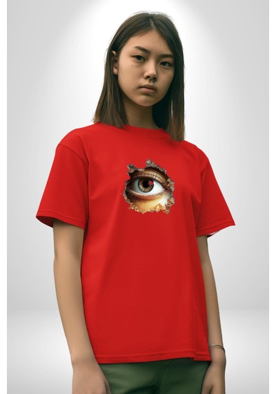 Duvardan Biri Bizi Gözetliyor Pamuklu Bisiklet Yaka Unisex Oversize Boyfriend Dijital Baskılı Kırmızı T-shirt Kırmızı