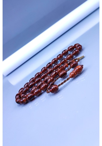 8 x 11 MM Kahverengi Hareli Sıkma Kehribar Tesbih - Ebu Sırr Usta İmzalı Tespih - Ahşap Kutulu