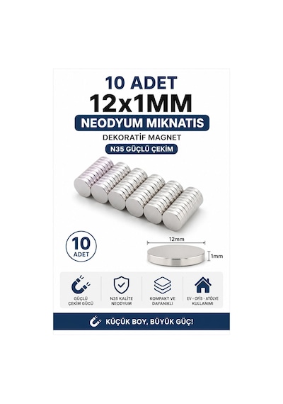 10 Adet 12x1 Mm Neodyum Mıknatıs N35 Güçlü Çekim Dekoratif Yuvarlak Magnet
