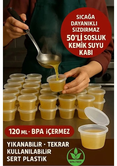 50 Adet Sızdırmaz 120 Ml Mini Saklama Kabı Sosluk Buzluk Kabı, Et Suyu, Kemik Suyu, Sos Kabı Mutfak Şeffaf