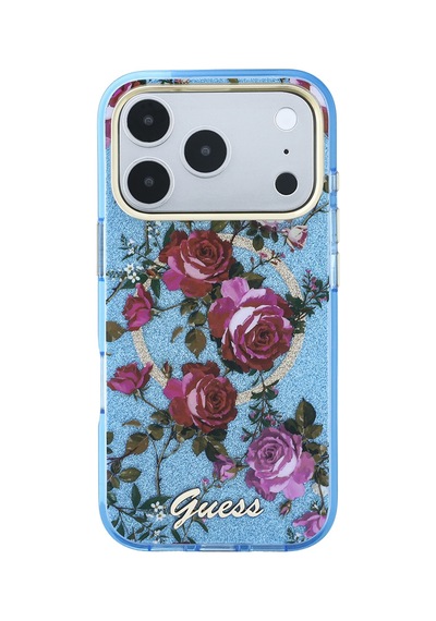 Apple iPhone 18 Pro Max Uyumlu Kılıf Guess Lisanslı M-safeli Gül Desenli Simli Yazı Logolu Kapak Açık Mavi