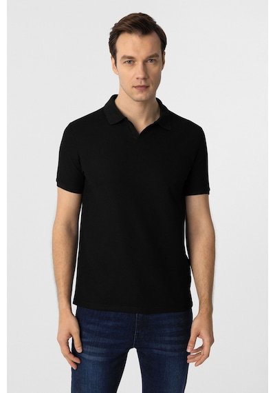 Süvari Regular Waffle Kumaş V Patlı Polo Yaka Nefes Alabilen T-shirt Siyah