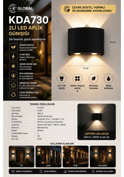 K2 Global Kda730 Jüpiter 2x4w Led Duvar Apliği 3000k Gün Işığı Ip54 Modern İç Ve Dış Mekan Dekoratif Aplik Siyah - 920696888 Siyah