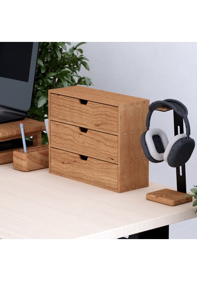 Desna Üç Katlı Üç Çekmeceli Dolap - Kiraz 34 Cm Uzunluk X 12.1 Cm Derinlik X 27.2 Cm Woodsaka Doğal Ahşap