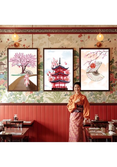 Besay Japon Esintisi Kafe, Salon Ve Restoran Duvar Dekorasyonu Geleneksel Sakura Ve Asya Temalı Poster 3'lü Set A4 Çerçev
