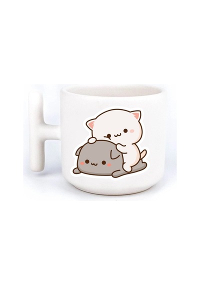 Mochi Cat Aşk Sevgili Eş El Yapımı T Kulplu Fincan Beyaz