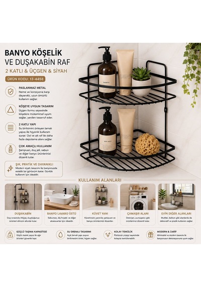 Leva House Lko-2 Lamalı Metal Banyo Köşeliği - 2 Katlı Üçgen Duşakabin Rafı Siyah- 12'li Paket Diğer