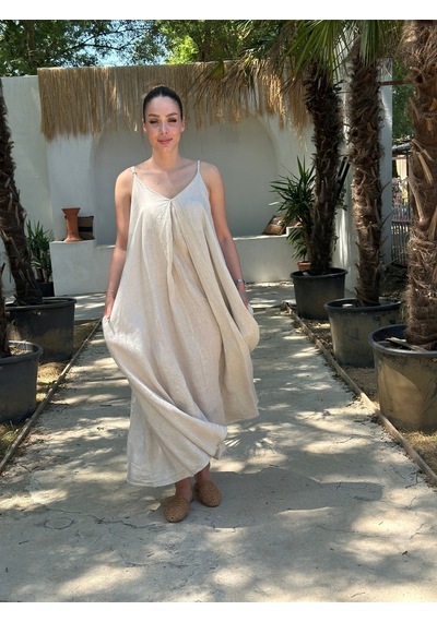 Yazlık Keten Askılı Oversize Elbise Bej