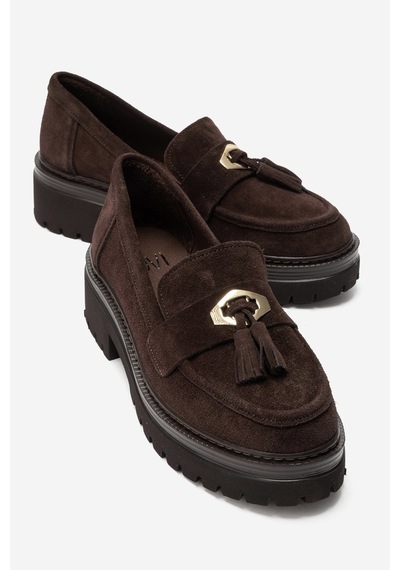 Luvi Shoes Marsy Kahverengi Süet Hakiki Deri Püsküllü Kadın Loafer Ayakkabı