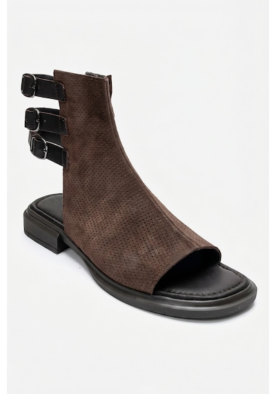 Luvishoes Carına Kahverengi Süet Hakiki Deri Yandan Fermuarlı Kadın Sandalet