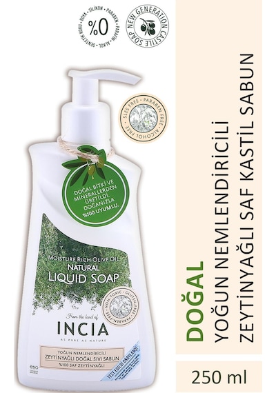 INCIA %100 Doğal Sıvı Kastil Sabunu Yoğun Nemlendirici Zeytinyağlı 10 Bitkisel Değerli Yağ Vegan 250 ML