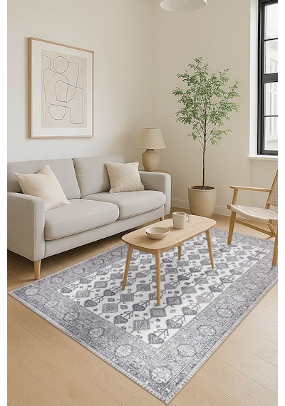 Artloop Stonart Eskitme Vintage Desenli Bej/gri Otantik Yıkanabilir Şönil Halı Al 448 Bej-gri 2