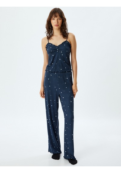 Koton Askılı Fitilli Pijama Üstü Yıldız Baskılı Fırfır Ve Düğme Detaylı Lacivert Desenli 5wlk90016mk Lacivert Desenli