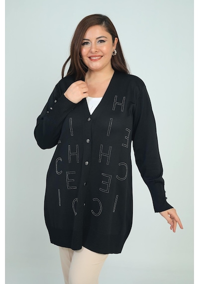 By Saygı Kadın Kolları Düğme Detaylı Taş Harf Baskılı Soğuk İplik Büyük Beden Hırka-41826 Siyah By Saygı Kadın Kolları Düğme Detaylı Taş Harf Baskılı Soğuk İplik Büyük Beden Hırka-41826 Siyah