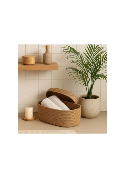 Hasır Jüt Sepet Oval Kapaklı Organizer Düzenleyici 30x20x10 Cm Bambu Bambu