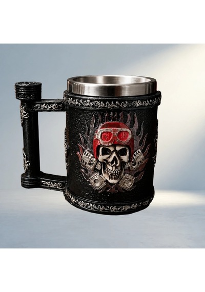 Motorcu Tasarımlı Metal Kupa Bardak - Kuru Kafa Deseni 12x7