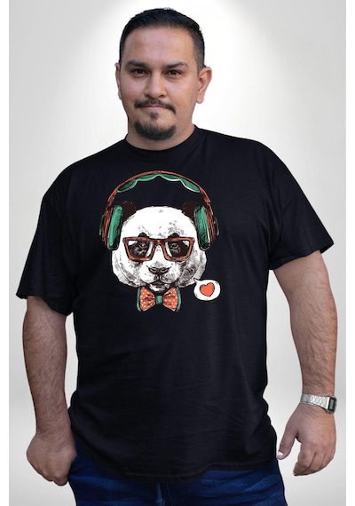 Angemiel Kulaklıklı Hipster Portre Panda Siyah Büyük Beden Erkek Kadın Unisex Basic Ön Baskılı Tişört Siyah