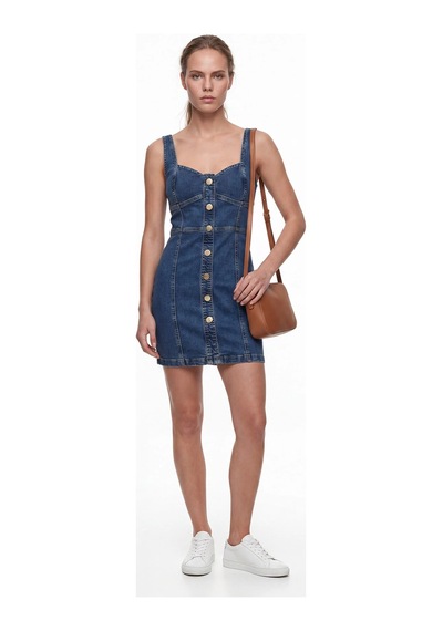 CEMO Kadın Jean Mini Elbise Askılı Düğmeli Denim Elbise Mavi