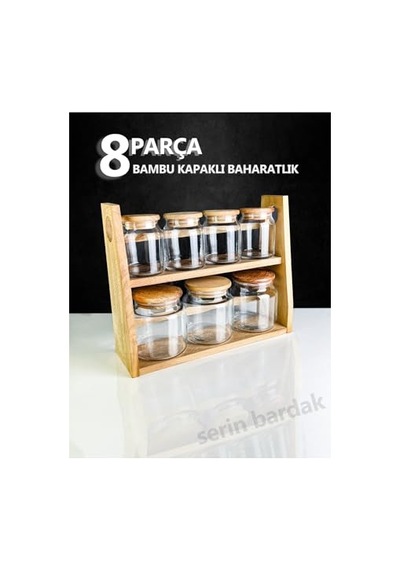 Ahşap Standlı Ahşap Kapaklı Ve Vakumlu Cam 8 Parça Baharatlık Seti Diğer