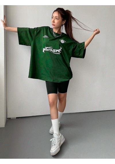 Fantastıc Süprem T-shirt -nefti Yeşili Baskılı Oversize Bisiklet Yaka Tişört Yeşil