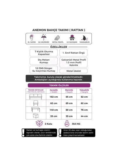 Anemon Serisi 3+1+1+2 Puf Cappucino Rattan Cappucino Minder Bahçe Balkon Oturma Koltuk Takımı
