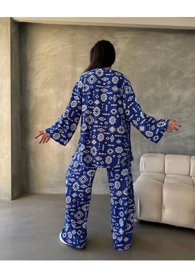 Bürümcük Kumaş Kimono Üçlü Takım Lacivert