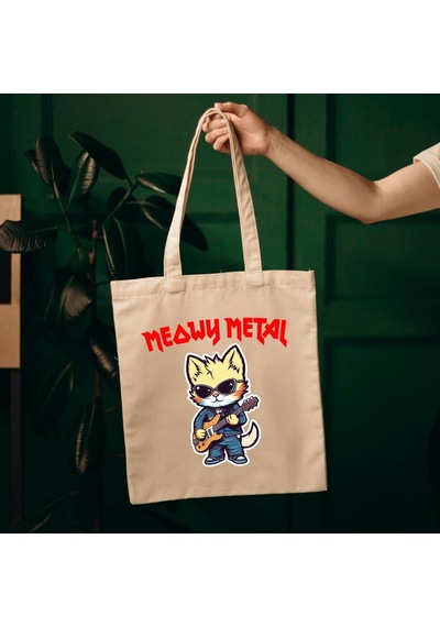 Kedi Baskılı Ham Bez Çanta Metalci Kedi Çok Renkli