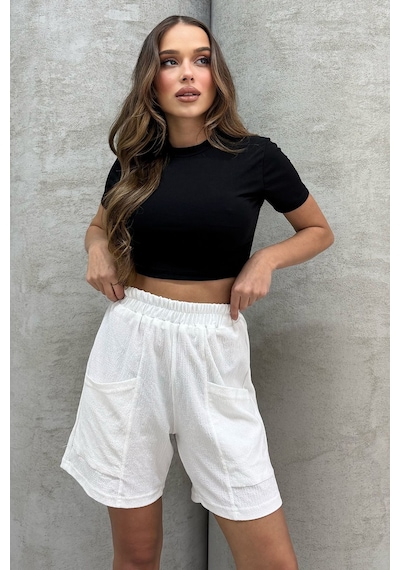 Lesa Wear Yüksel Bel Bol Kesim Keten Görünümlü Çift Cepli Şort Beyaz