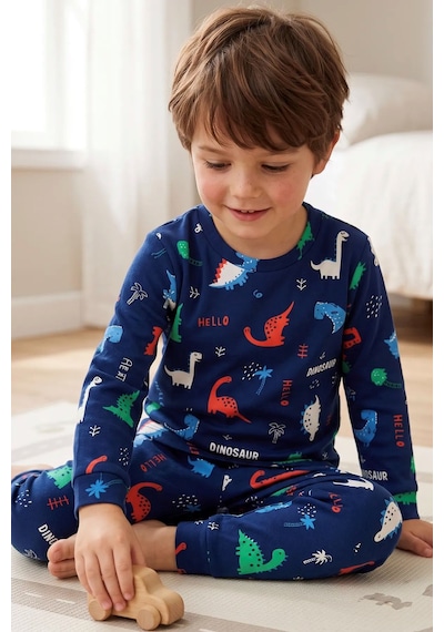 Zuzunga Hello Dino Desenli Uzun Kollu Erkek Çocuk İnterlok Pijama Takımı Lacivert