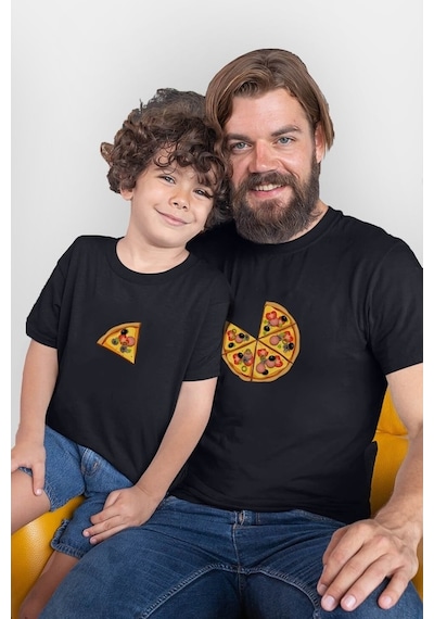 Pizza Ve Dilimi Siyah Baba Oğul Kız Tişört Zıbın Kombini