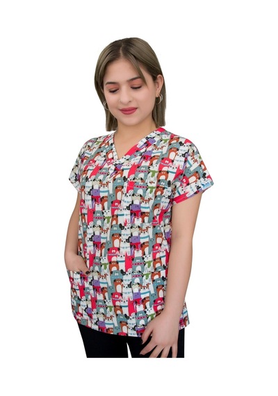 Unisex Renkli Köpekler Desenli Likralı Veteriner Doktor Hemşire Scrubs Üniforma Takımı Çok Renkli