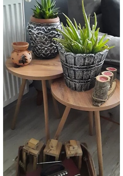2'li Zigon Sehpa Seti Saksılık Ve Çiçeklik Standı, Dekoratif Yan Sehpa Ahşap Ayaklı 33 Cm Çap - Atlantik Çam Atlantik Çam