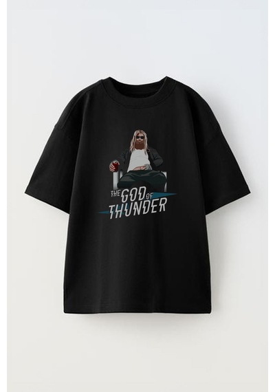 Thewert Unisex The God Of Thunder Tasarım Baskılı Pamuk Sıyah Oversize T-shirt Siyah