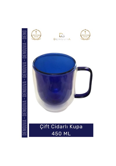Camkupa Isı Yalıtımlı Modern Tasarım 450 Ml Kapasite Kaliteli Çift Cidarlı Cam Kupa Lacivert Çok Renkli