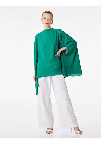 Koton Dik Yaka 3/4 Yarasa Kol Oversize Saten Abiye Bluz Yeşil 6sak60001fw