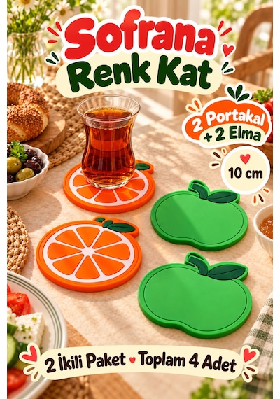 4'lü Portakal Elma Desenli Bardak Altlığı Seti 10 Cm Kahve Çay Fincan Altlığı Renkli Sunum Aksesuarı Çok Renkli