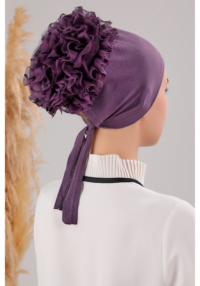 Melodi Scarf Kadın Tesettür Önü Dikişsiz Fırfırlı Penye Bone Mor