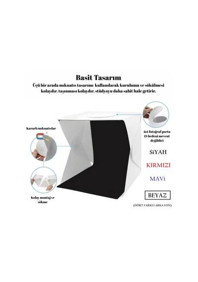 Katlanabilir Mini Fotoğraf Kutusu Işıklı Ürün Çekim Çadırı 40x40x40