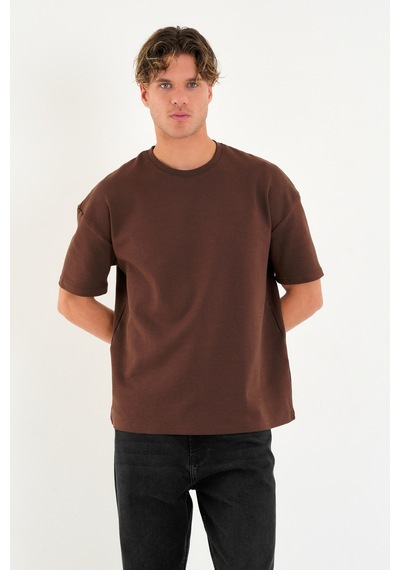 Blank Unisex Oversize Geniş Kesim Tişört %100 Pamuk Kalın Dokulu Bisiklet Yaka T-shirt Kahve