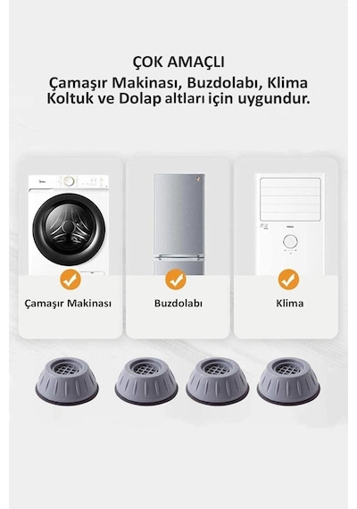 Beyaz Eşya Ayağı 4 Lü Set Kaymaz Titreşim Ve Gürültü Önleyici Gri