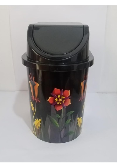 24x13 Cm Ebatınta 3lt Klick Kapaklı Siyah Çiçek Desenli Lüks Şık Çöp Kovası