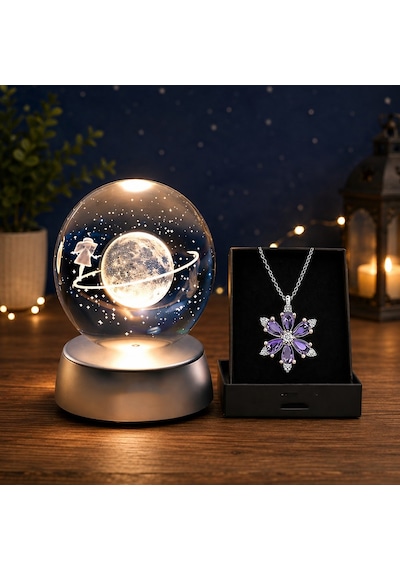 Kişiye Özel Satürn Işıklı Cam Küre 8cm 6cm Lotus Kamelya Çiçeği Kolye Hediyeli