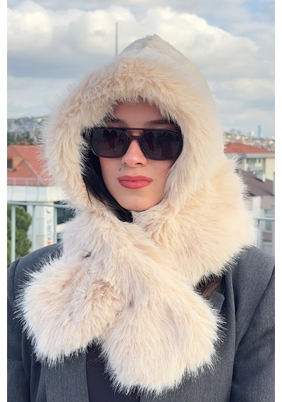Mollycrush Kadın Bej Suni Kürk Eşarp Atkı Şapka Kışlık Sıcak Tutan Soft Peluş Model Bej