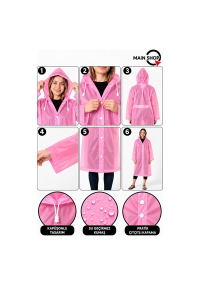 Mainshop Unisex Yağmurluk Kapüşonlu Çıtçıtlı Su Geçirmez Uzun Yağmurluk Kadın Erkek Pembe