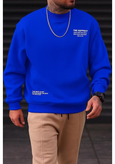 Benroma 3 İplik Penye The Happıes Baskılı Unisex Sweatshırt Saks Mavisi