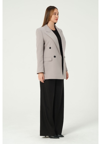 Gri Regular Astarlı Kruvaze Kapama Dokuma Blazer Ceket 001