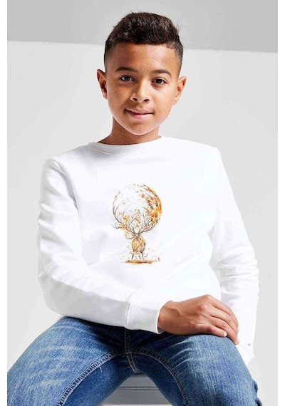 Tshirthane Watercolor Autumn Deer Baskılı Unisex Çocuk Beyaz Sweatshirt